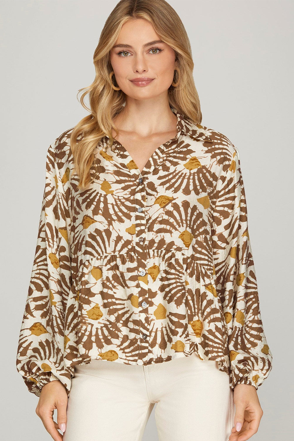 Khaki Abstract Floral Print Ruffle Hem Long Sleeve Shirt