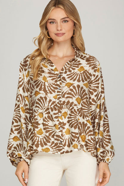 Khaki Abstract Floral Print Ruffle Hem Long Sleeve Shirt
