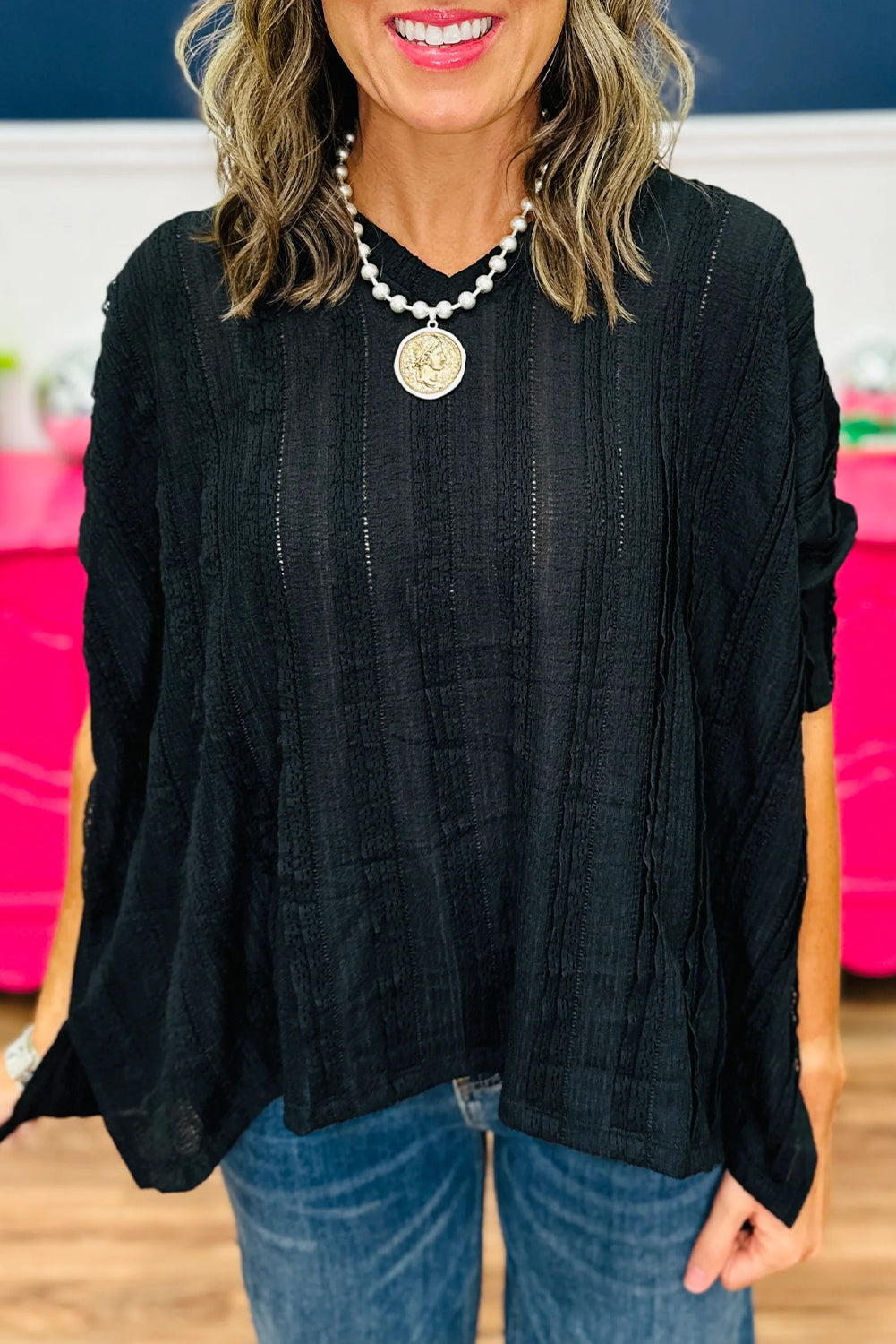 Black Lacy Striped Texture 3/4 Sleeve Dolman Blouse