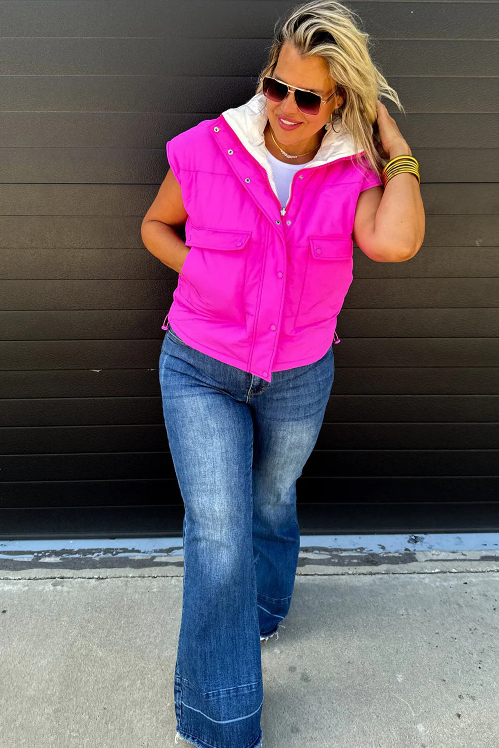 White Color Block Liner Patchwork Snap Button Zip Up Winter Vest