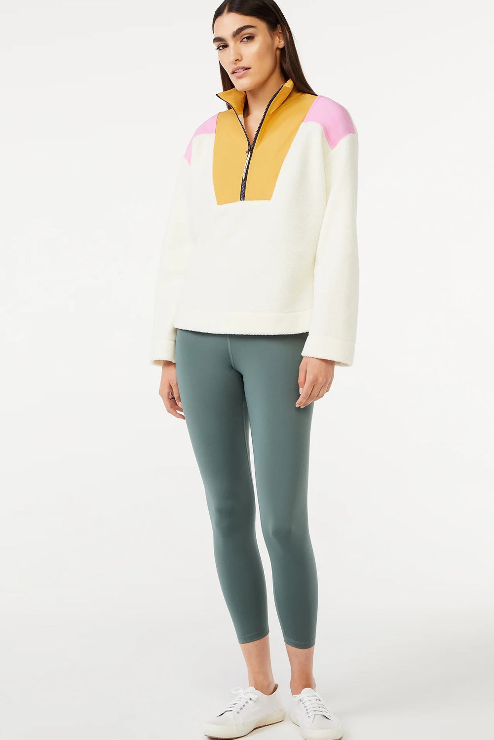 White Fleece Color Block Patchwork Half Zip Sweatshirt