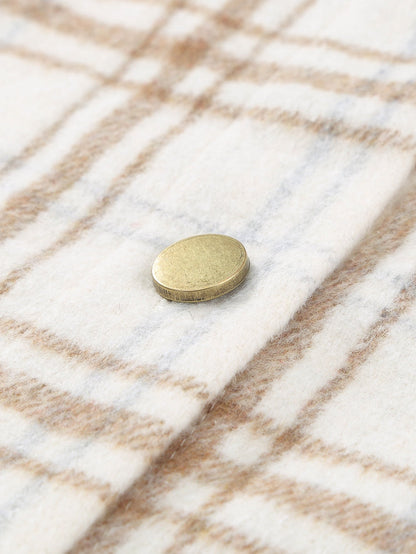 Khaki Plaid Button-Up Shirt Jacket with Side Slits