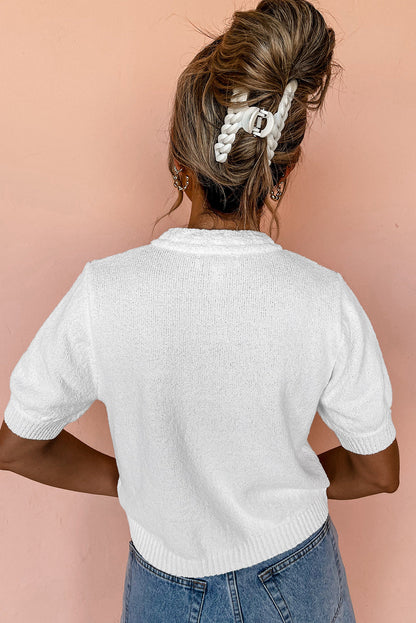 Elegant White Textured Knit Sweater with Gold Buttons