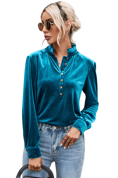 Frilled Neck Green Velvet Top with Buttoned Front