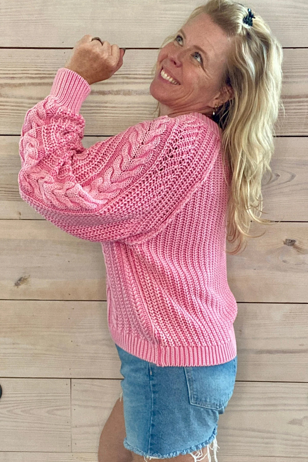 Pink Mineral Wash Cable Knit Raglan Sleeve Loose Sweater