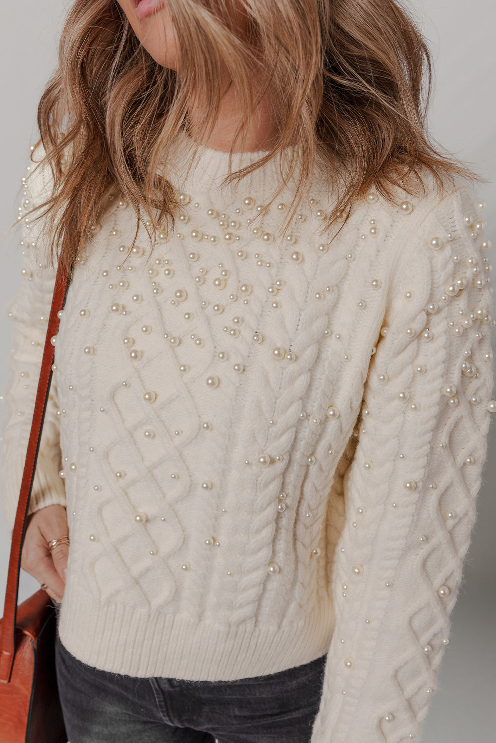 Beige Cable Knit Pearl Embellished Sweater