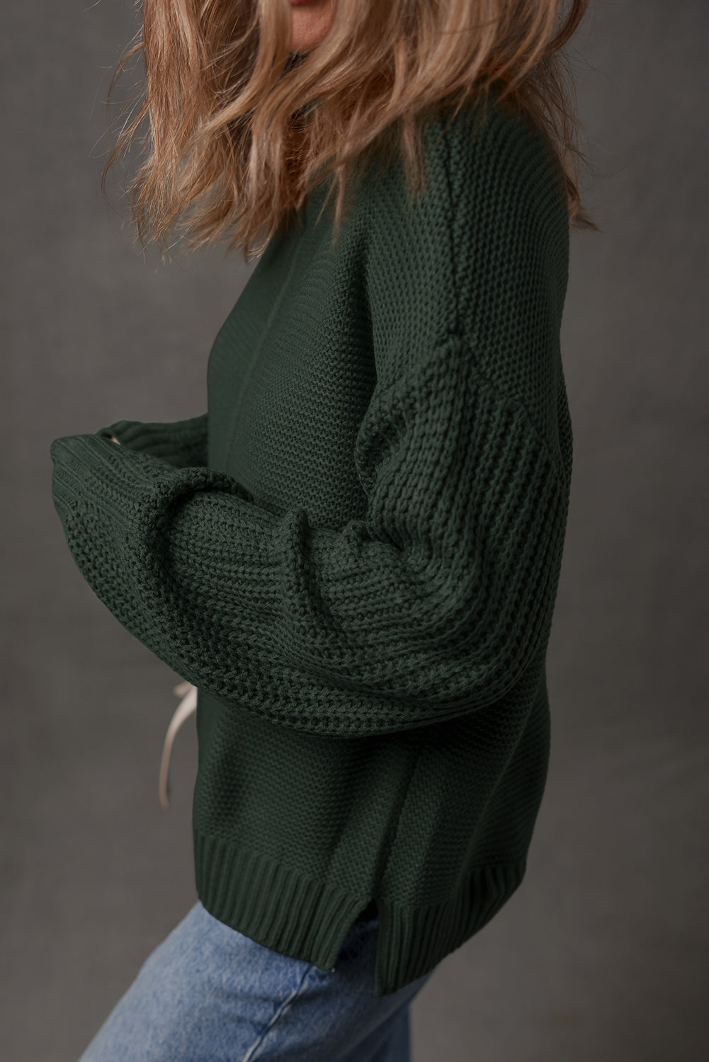 Mist Green Solid Color Front Seam Drop Shoulder Loose Sweater