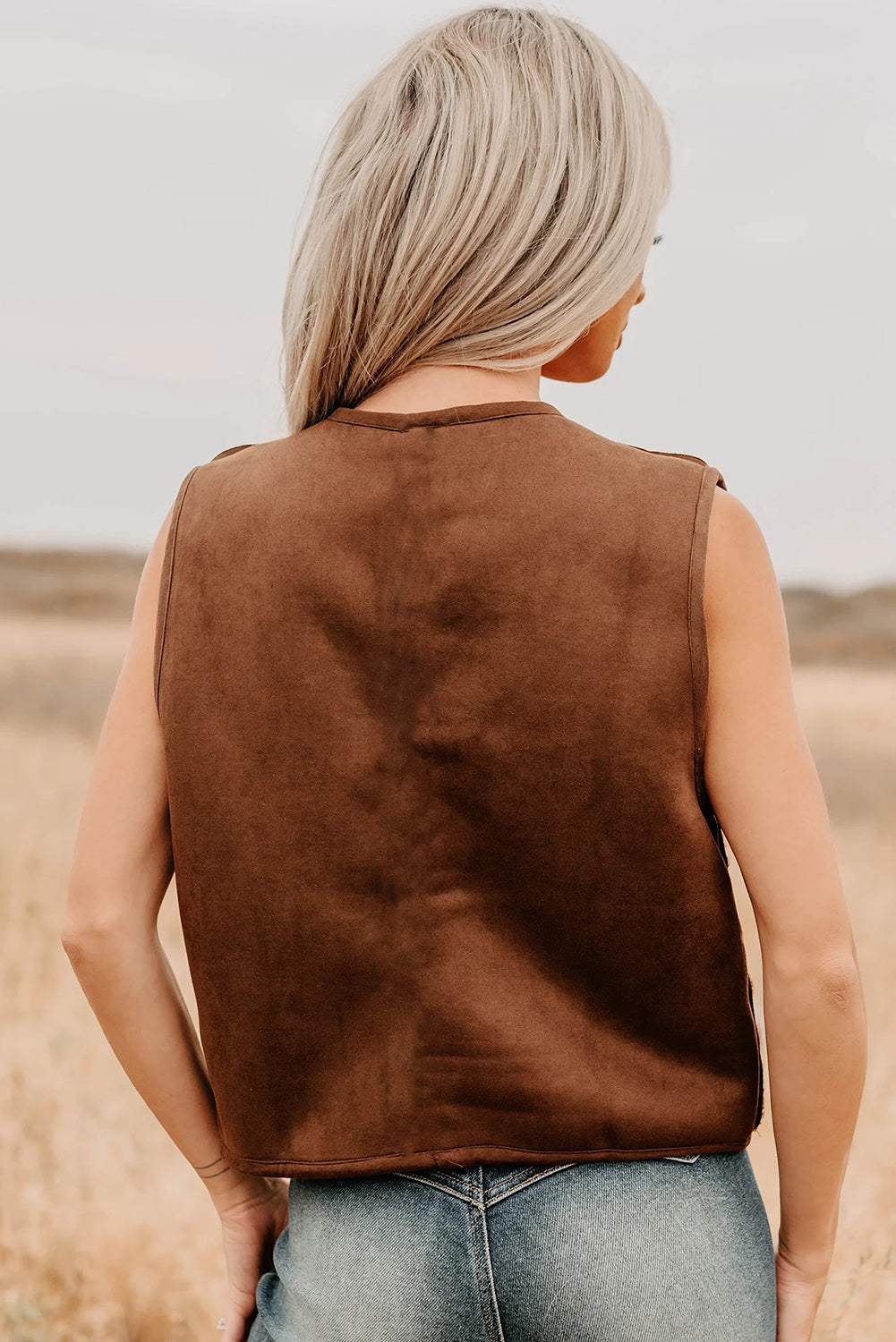 Coffee Faux Suede Plush Trim Button Down Vest