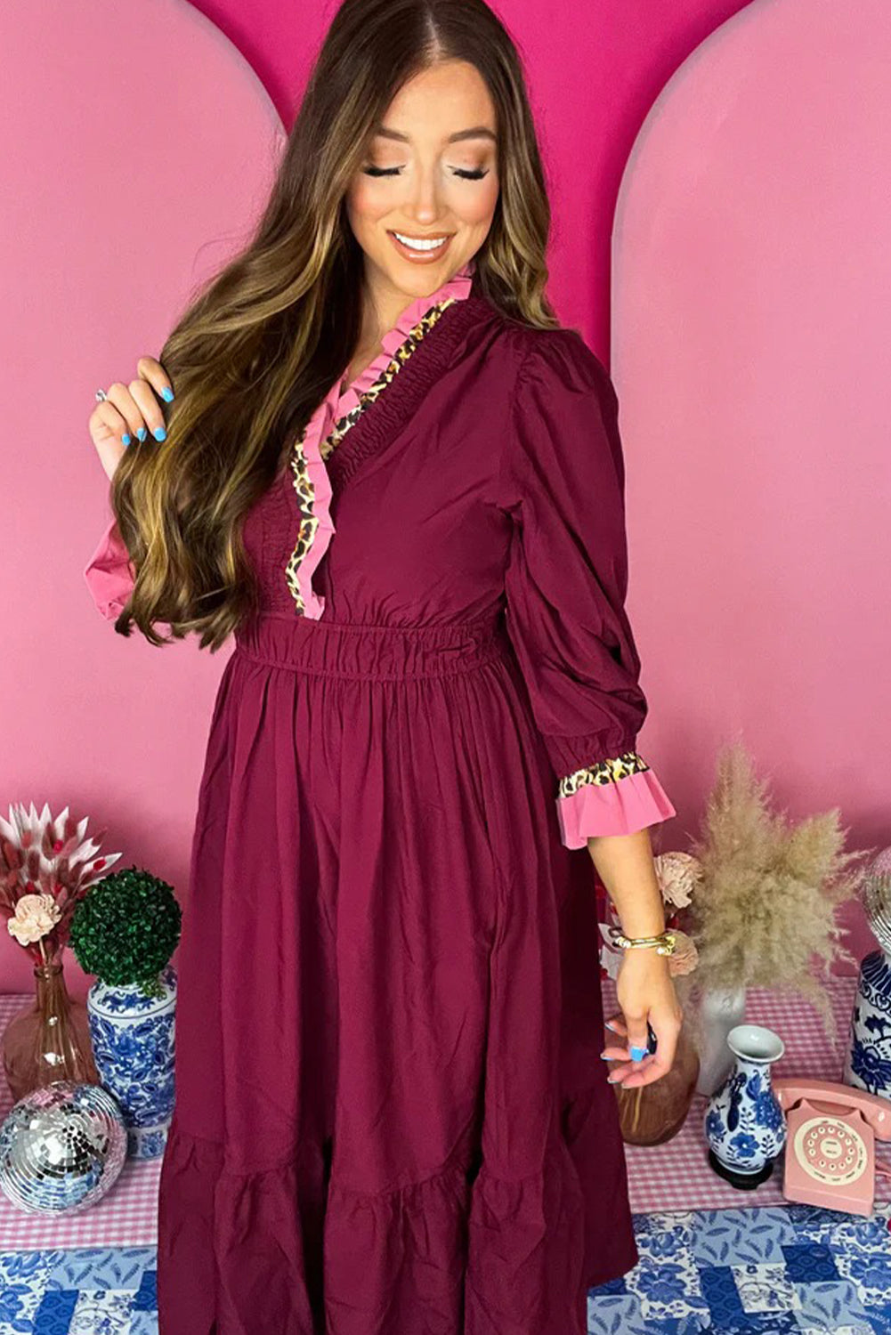 Burgundy Contrast Frilled Trim V Neck 3/4 Ruffled Sleeve Flowy Midi Dress