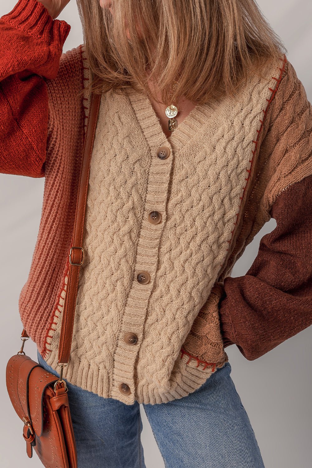 Light French Beige Color Block Mixed Texture Patchwork Button V Neck Sweater Cardigan