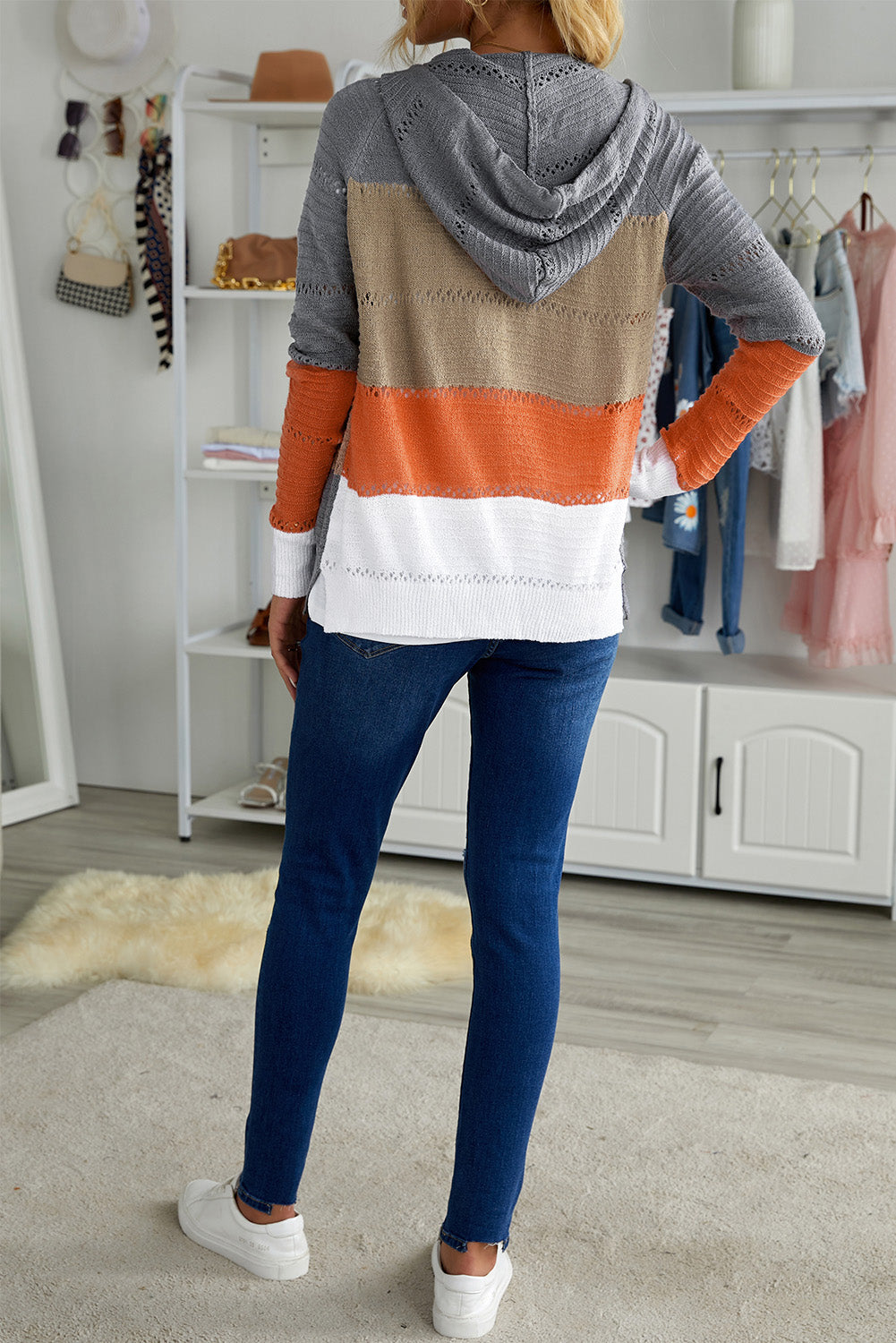 Gray Colorblock Knit Hoodie with Zipper Detail