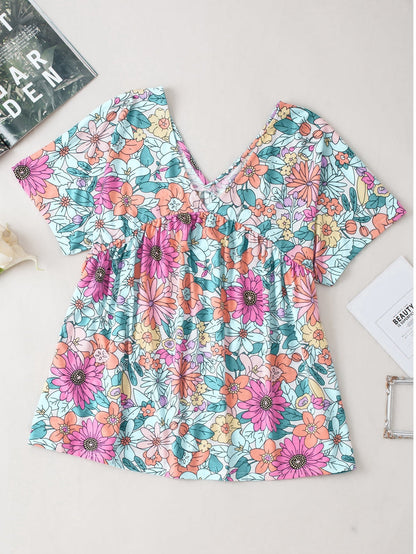 Summer Blossom V Neck Plus Size Blouse for Women