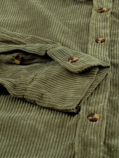 Green Corduroy Button-Up Pocket Blouse