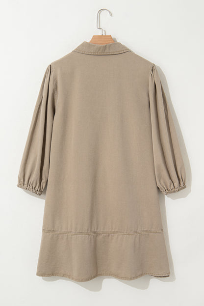 Khaki V Neck Collared Single Chest Pocket Long Sleeve Denim Shift Dress