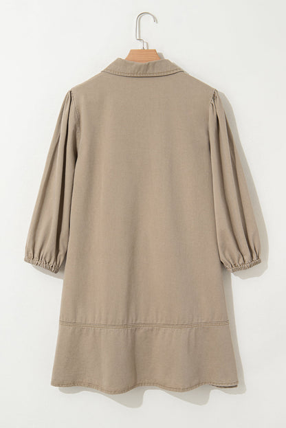 Khaki V Neck Collared Single Chest Pocket Long Sleeve Denim Dress