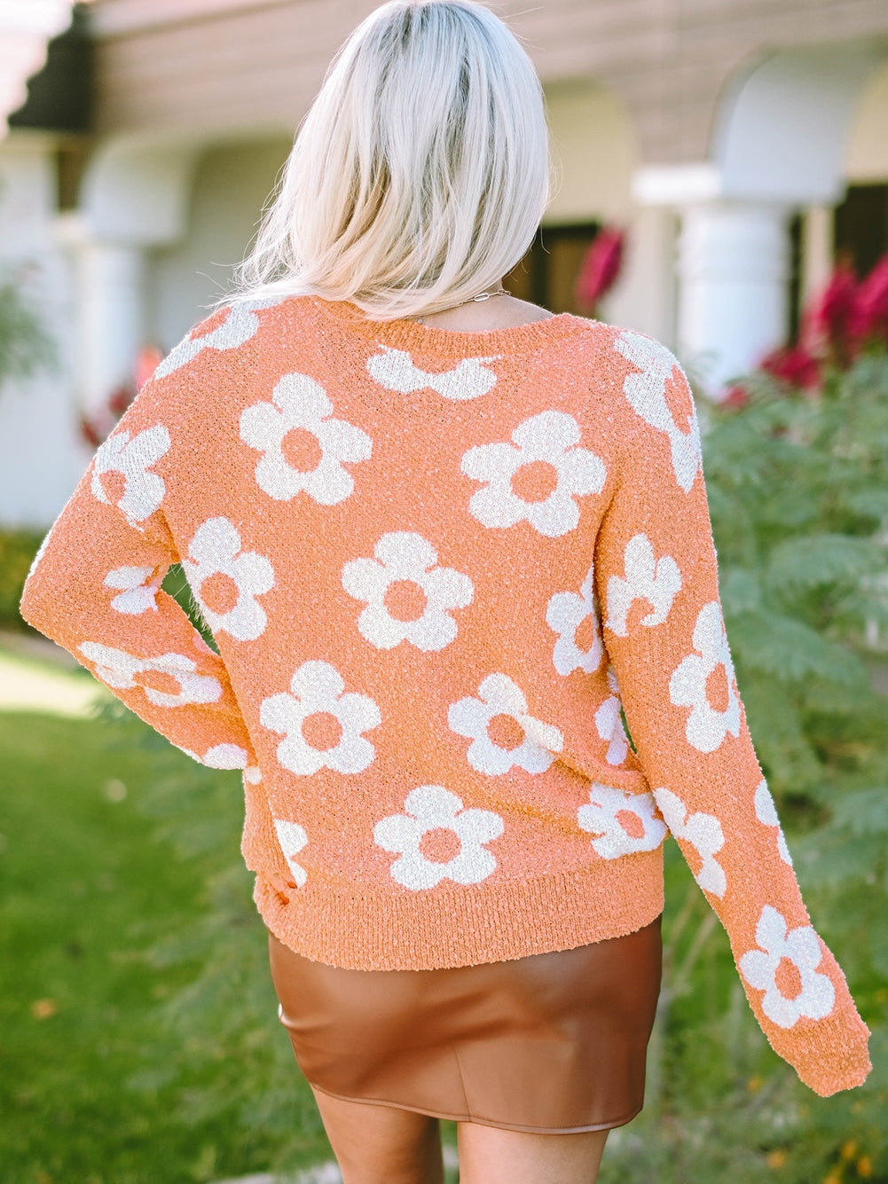 Grapefruit Orange Floral Knit Drop Shoulder Sweater with Fuzzy Texture