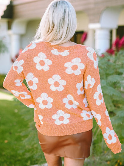 Grapefruit Orange Floral Knit Drop Shoulder Sweater with Fuzzy Texture
