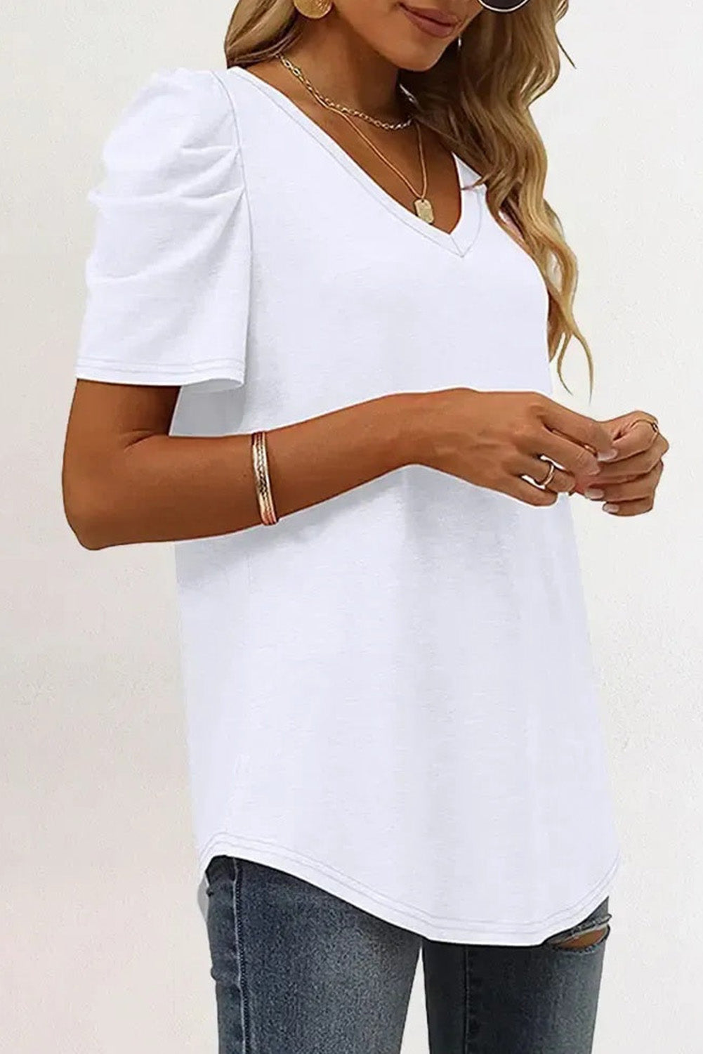 Elegant White Puff Sleeve V-Neck Top