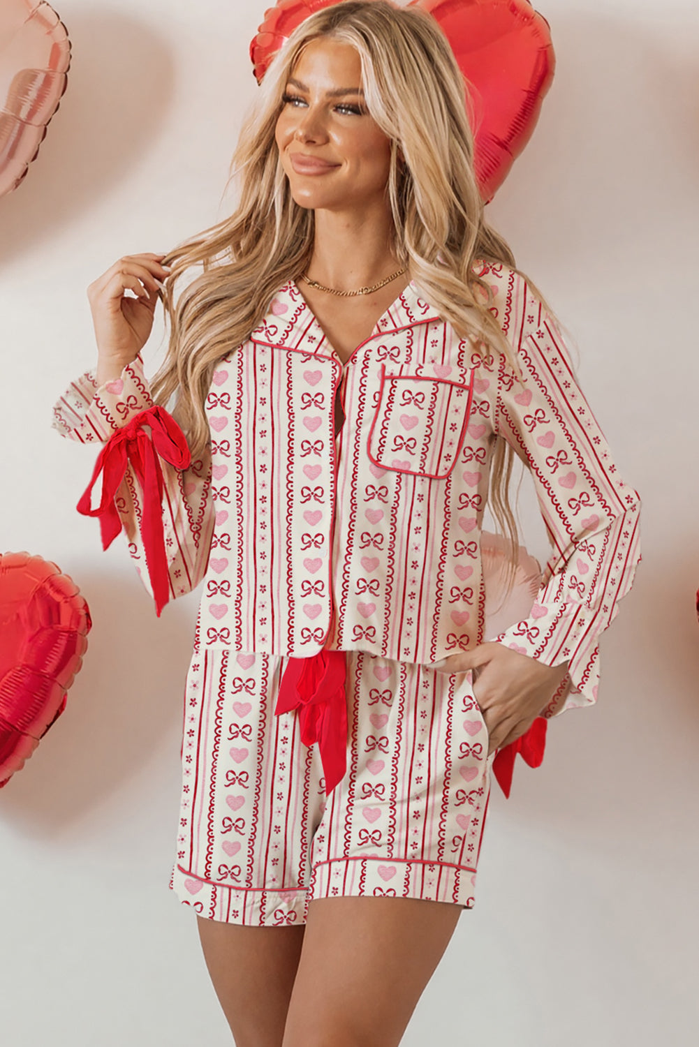 Red Romantic Bow Heart Print Contrast Ribbon Knot Short 2pcs Pajama Set