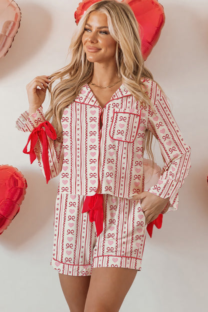 Red Romantic Bow Heart Print Contrast Ribbon Knot Short 2pcs Pajama Set