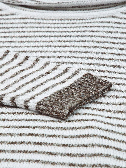 Khaki Striped Turtleneck Knit Sweater for Women