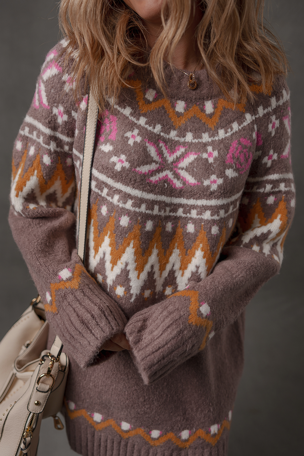 Brown Tribal Pattern Knitted Ribbed Edge Crew Neck Sweater Dress