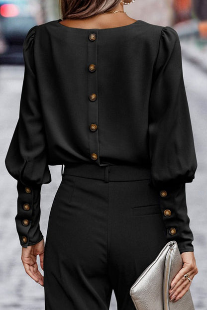 Elegant Black Puff Sleeve Blouse with Back Button Detail