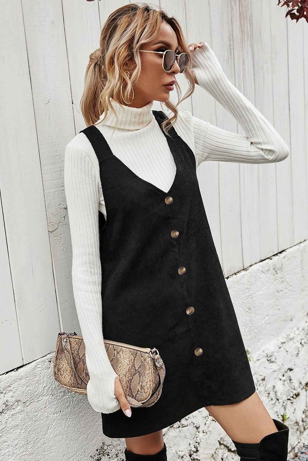 Black V Neck Button Front Sleeveless Corduroy Mini Dress
