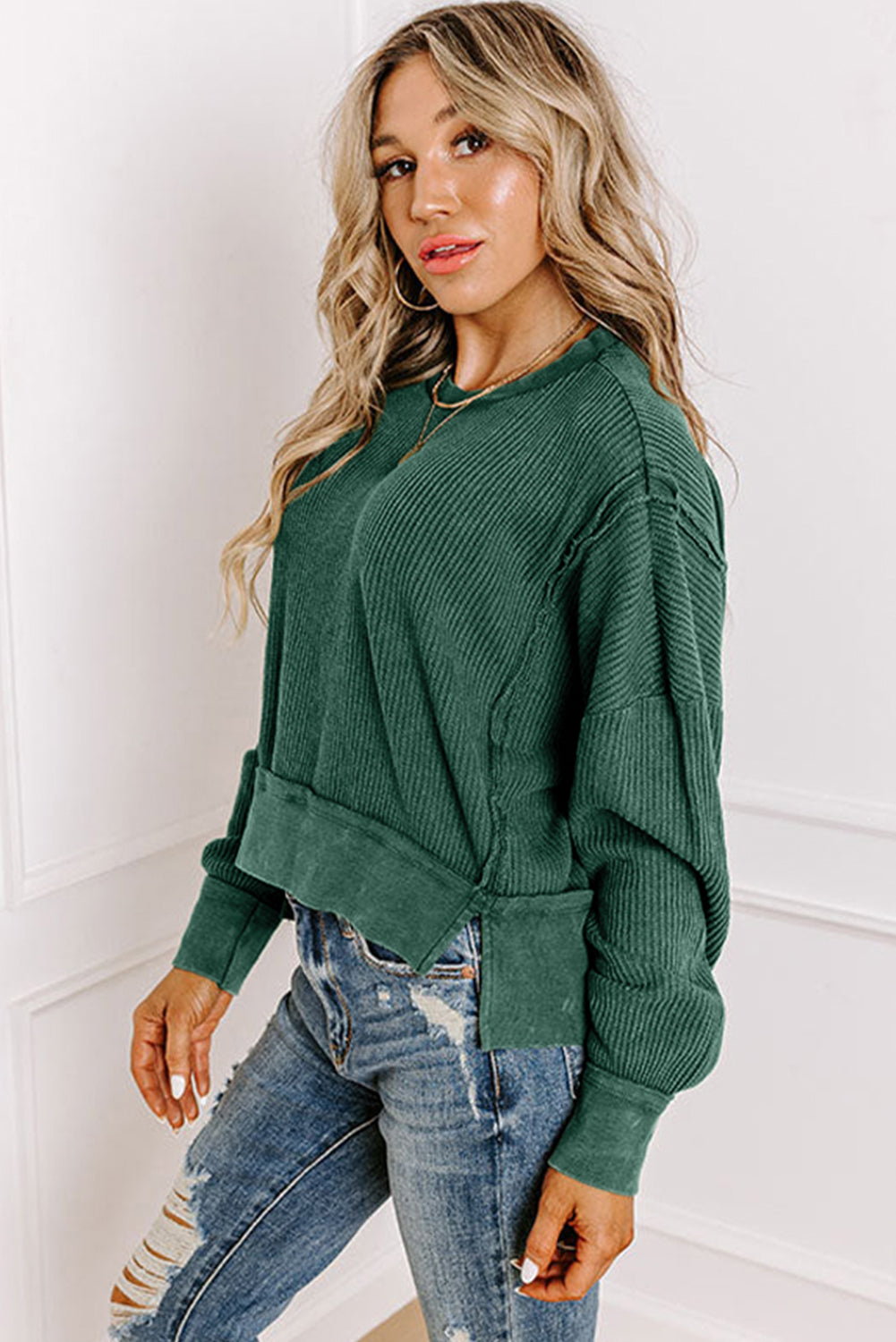 Evergreen Solid Color Raw Seam Patchwork Ribbed Drop Shoulder Sweatshirt