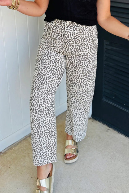 Brown Leopard Print Button Zip Fly Casual Denim Pants