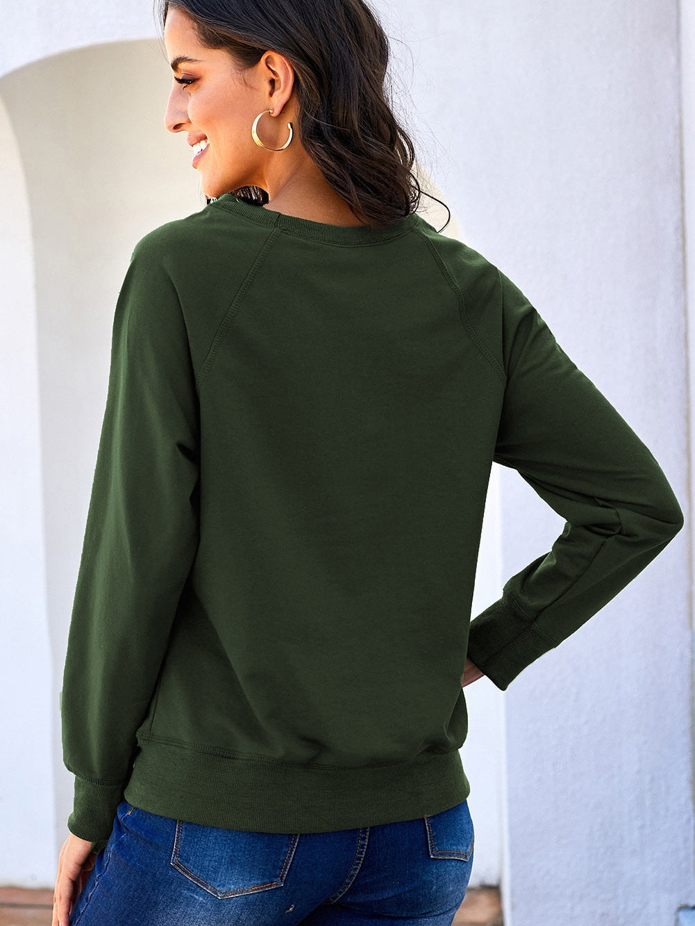 Green Crew Neck Long Sleeve Sweatshirt with Distressed Detail