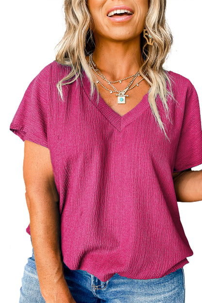 Bubble Hem Bright Pink V Neck Plus Size Top