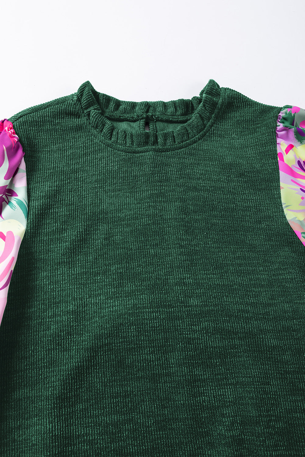 Green Floral Ribbed Frill Neck Long Sleeve Top with a Misty Twist