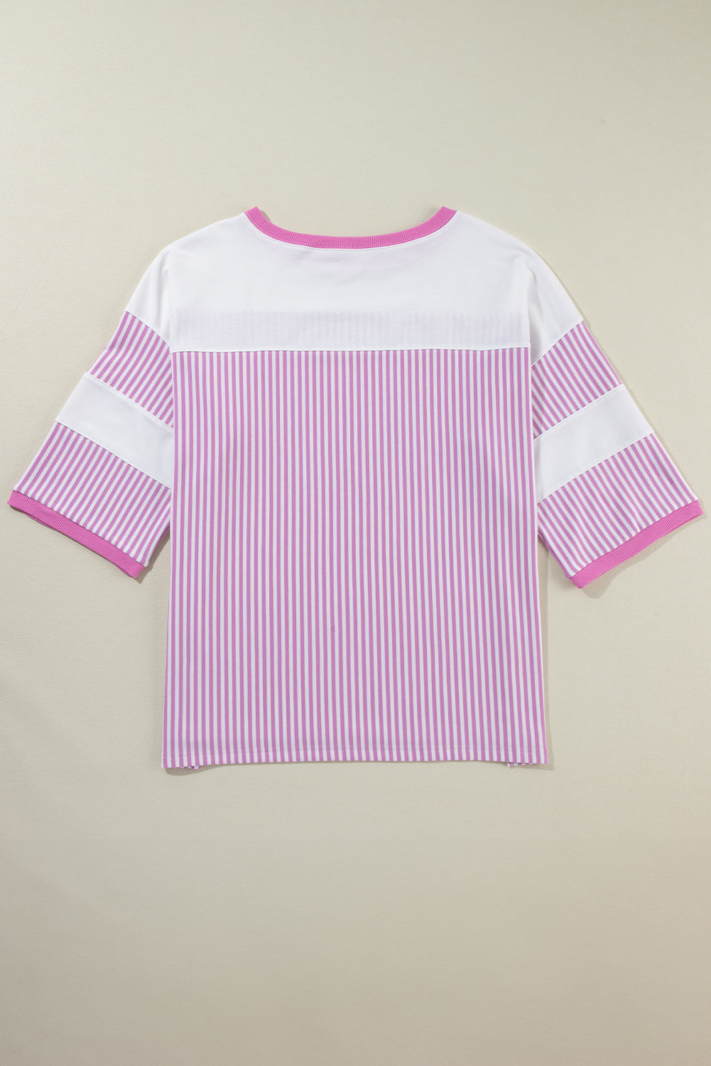 Pink Striped Patchwork Plus Size T-Shirt with Bracelet Sleeves