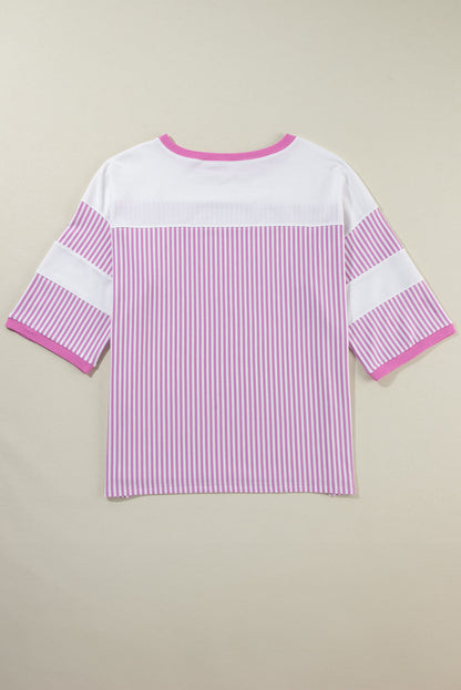 Pink Striped Patchwork Plus Size T-Shirt with Bracelet Sleeves