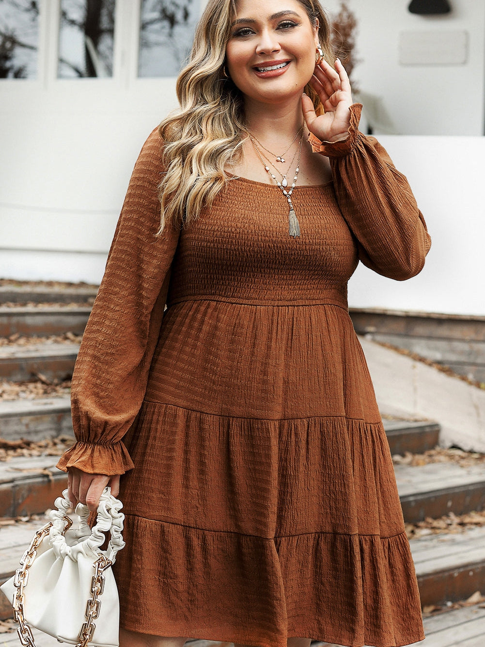 Chestnut Smocked Ruffle Sleeve Plus Size Tiered Mini Dress