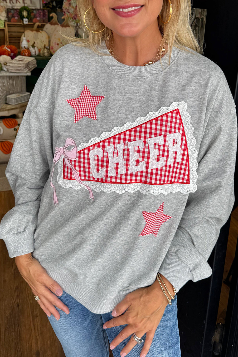 Light Grey Lace Plaid Patched CHEER Graphic Sweatshirt