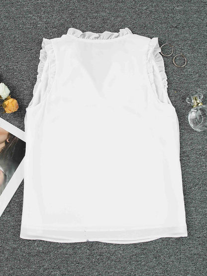 Frill Trim V Neck Tank Top in White Cotton Blend