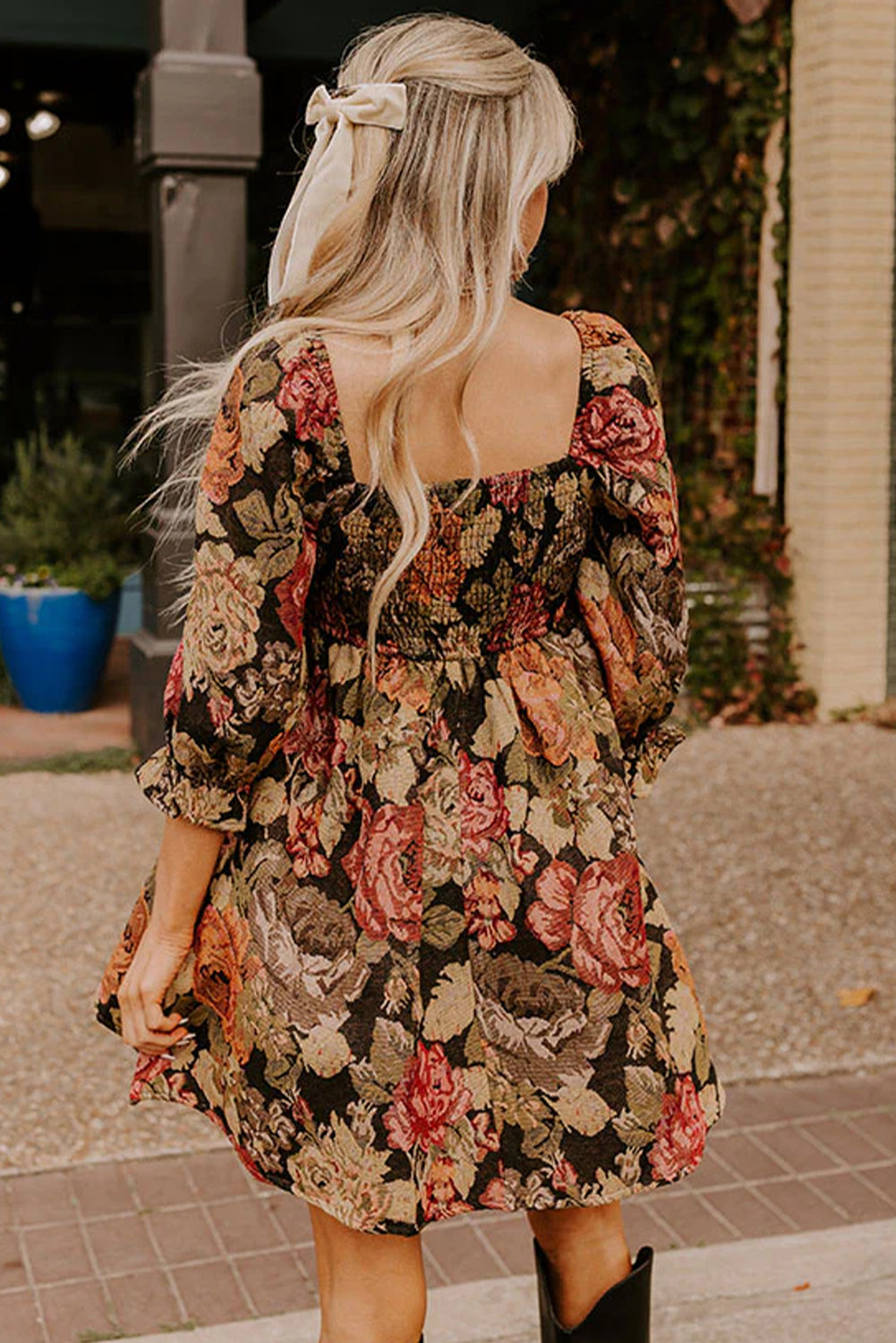 Brown Floral Jacquard Knit Square Neck 3/4 Puff Sleeve Loose Mini Dress