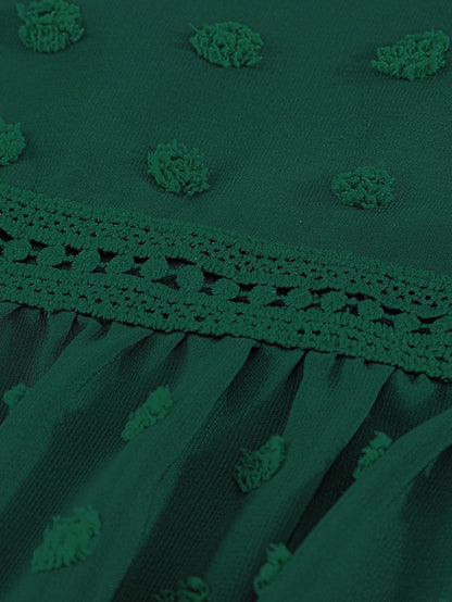 Green Polka Dot Lace Ruffle Split Neck Puff Sleeve Blouse