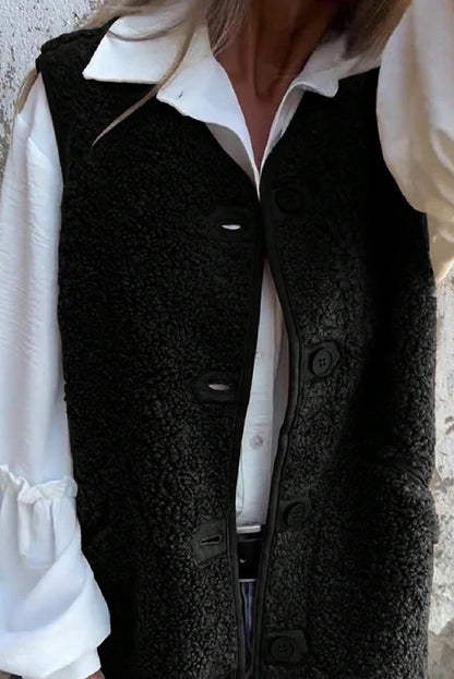 Black V Neck Button Front Plush Teddy Vest