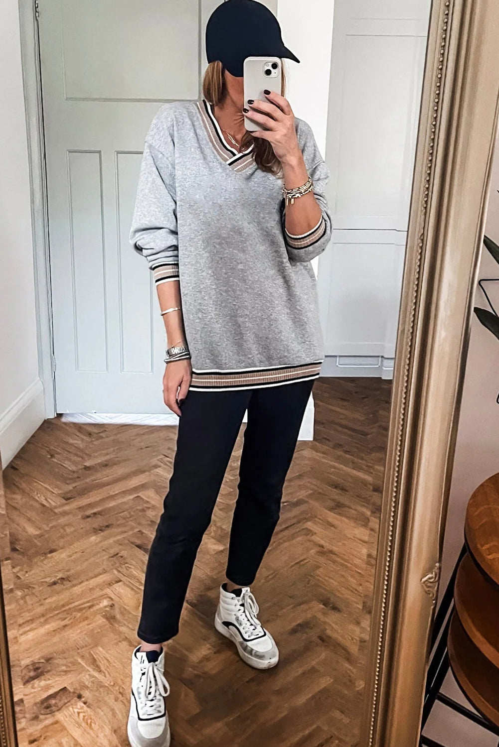 Gray Varsity Contrast Striped Trim V Neck Sweatshirt