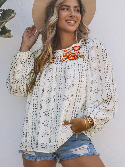 Beige Floral Embroidered Long Sleeve Bohemian Blouse