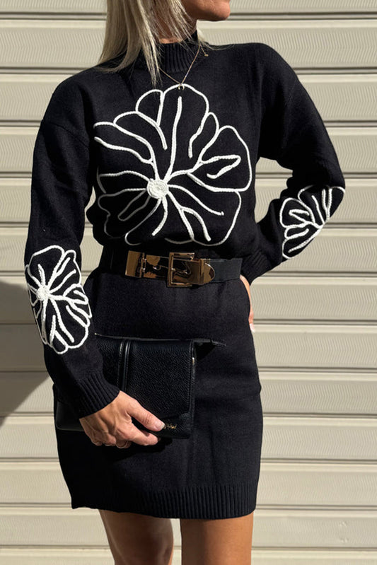Black Floral Embroidered Mock Neck Mini Sweater Dress