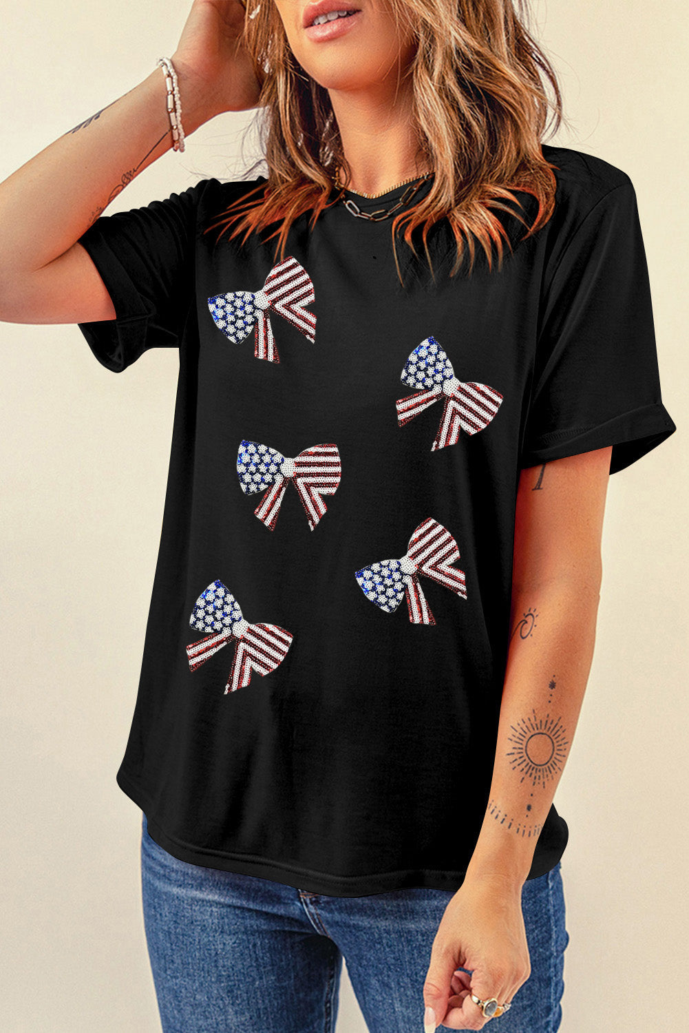 Glittering Patriotic Bowknot Graphic Tee