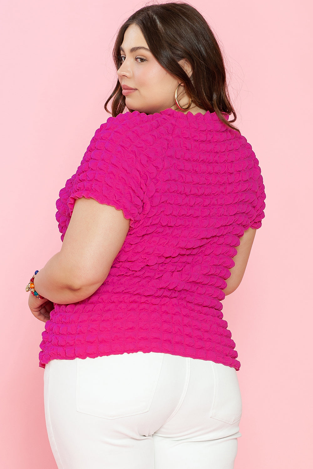 Strawberry Pink Bubble Textured Square Neck Plus Size Top with Short Sleeves