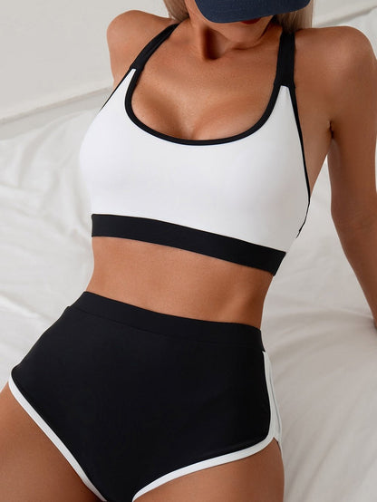 Athletic White Colorblock Crisscross Back High-Waisted Bikini