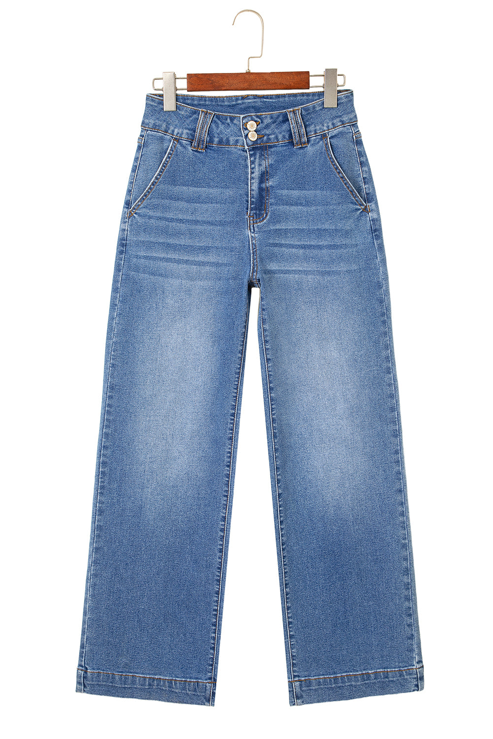 Sky Blue Double Button Zip Fly Straight Leg Jeans