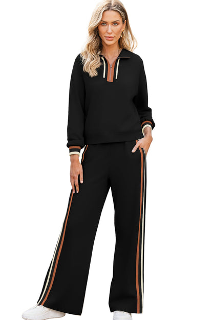 Black Striped Patchwork Quarter Zip Pullover Loose Pant Set