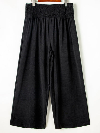Black Shirred High Waist Plus Size Wide Leg Pants